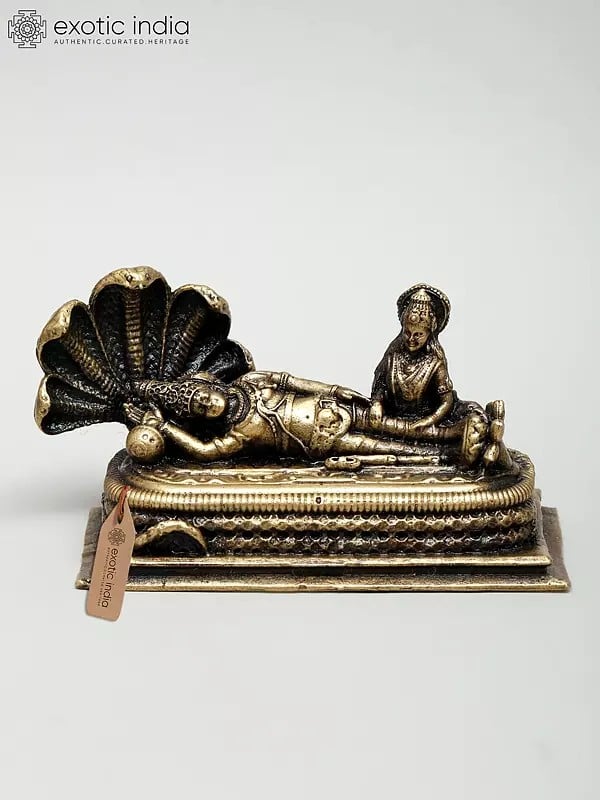 exotic india 3" Small Superfine Lord Vishnu in Anant Shayana with Goddess Lakshmi | Made in Coimbatore | Ideal for Puja 