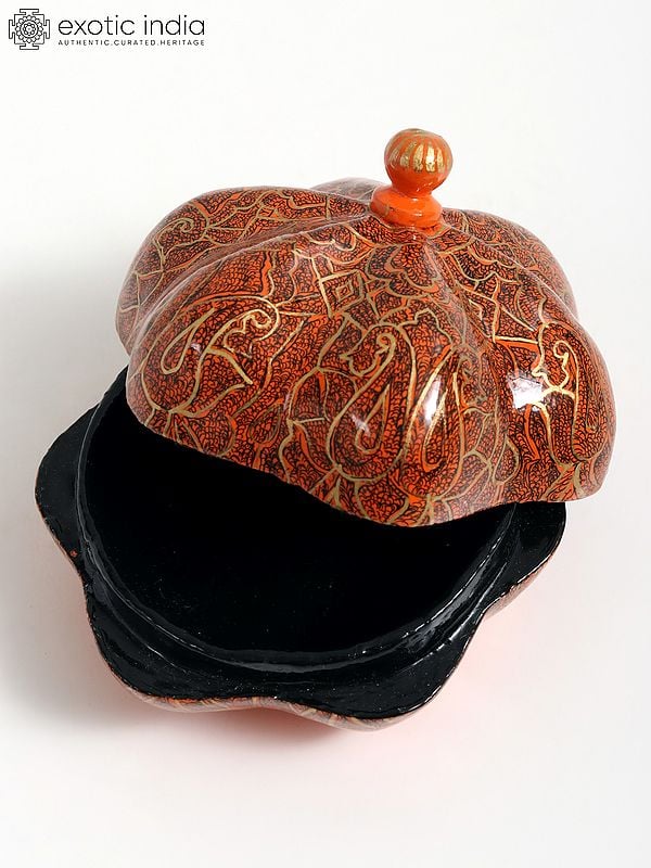 Exotic India 3" Small Superfine Pumpkin Shaped Hand Painted Papier Mache Box From Kashmir 