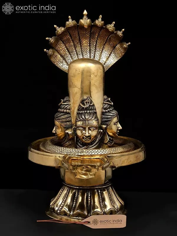 exotic india 30" Brass Shivalingam with Four Shiva Faces and Protected by Nine Hooded Serpent 