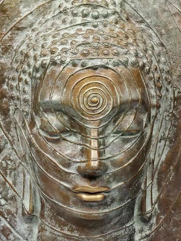 Exotic India 30" Bronze Meditating Buddha Head On Wood Base 