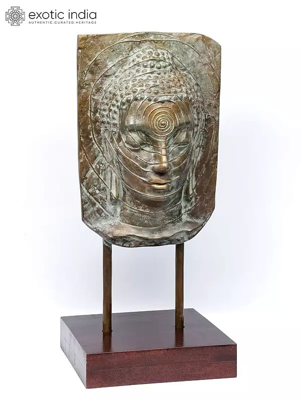 Exotic India 30" Bronze Meditating Buddha Head On Wood Base 