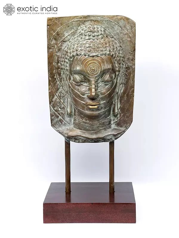 exotic india 30" Bronze Meditating Buddha Head on Wood Base 