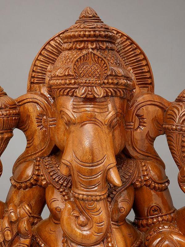 Exotic India 30" Chaturbhuja Lord Ganesha Seated On Lotus | Wood Carving 