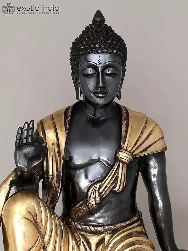 Exotic India 30" Large Black And Gold Buddha Seated In Vitark Mudra | Brass Statue 