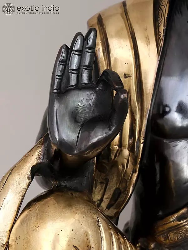 Exotic India 30" Large Black And Gold Buddha Seated In Vitark Mudra | Brass Statue 