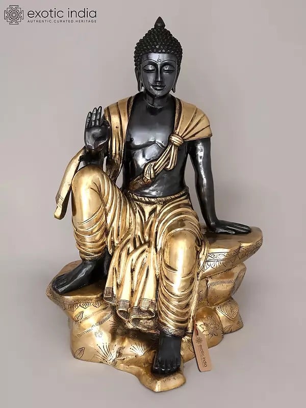 exotic india 30" Large Black and Gold Buddha Seated in Vitark Mudra | Brass Statue 