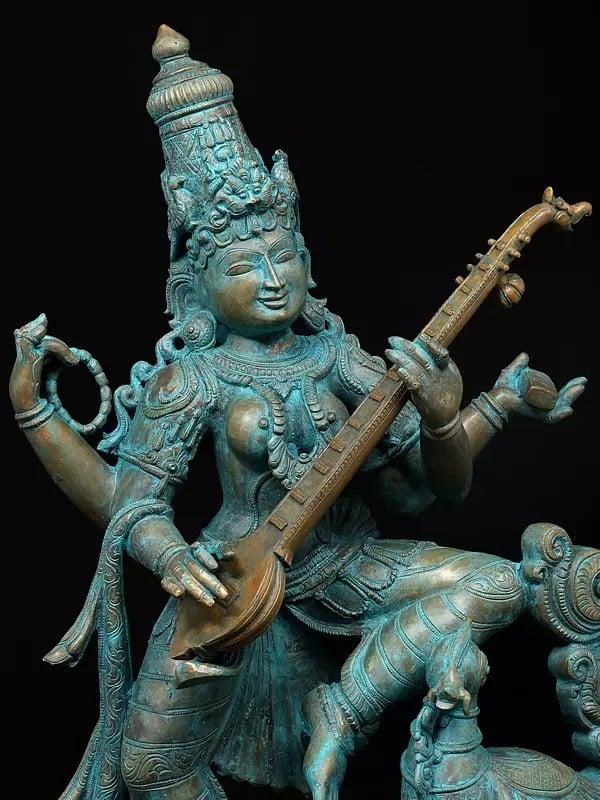 Exotic India 30" Large Goddess Saraswati Dancing And Playing Veena | Madhuchista Vidhana (Lost-Wax) | Panchaloha Bronze From Swamimalai 