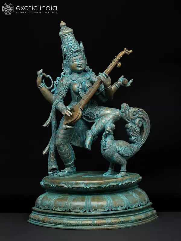 exotic india 30" Large Goddess Saraswati Dancing and Playing Veena | Madhuchista Vidhana (Lost-Wax) | Panchaloha Bronze from Swamimalai 