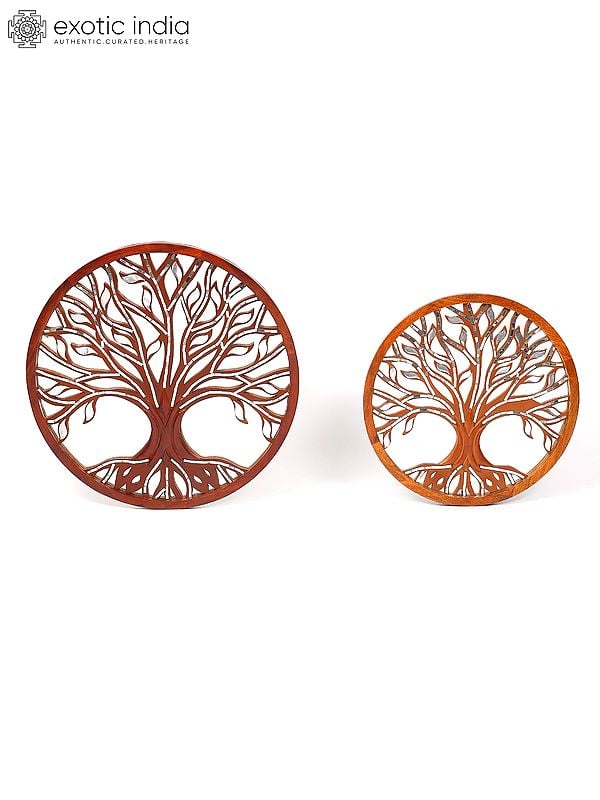 exotic india 30" Pair of Round Shaped Designer Tree of Life with Mirror Work | Set of 2 | Home Decor | Wall Hanging 