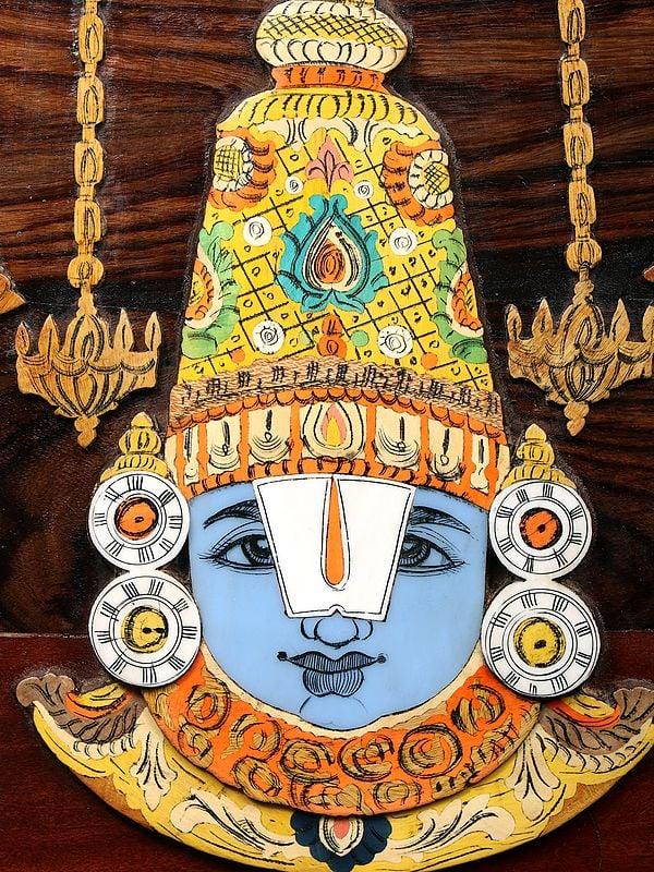 Exotic India 30" Tirupati Balaji With Vaishnava Symbols | Natural Color On Wood Panel With Inlay Work 
