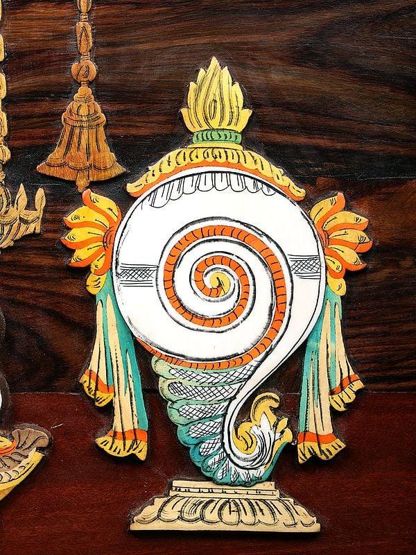 Exotic India 30" Tirupati Balaji With Vaishnava Symbols | Natural Color On Wood Panel With Inlay Work 