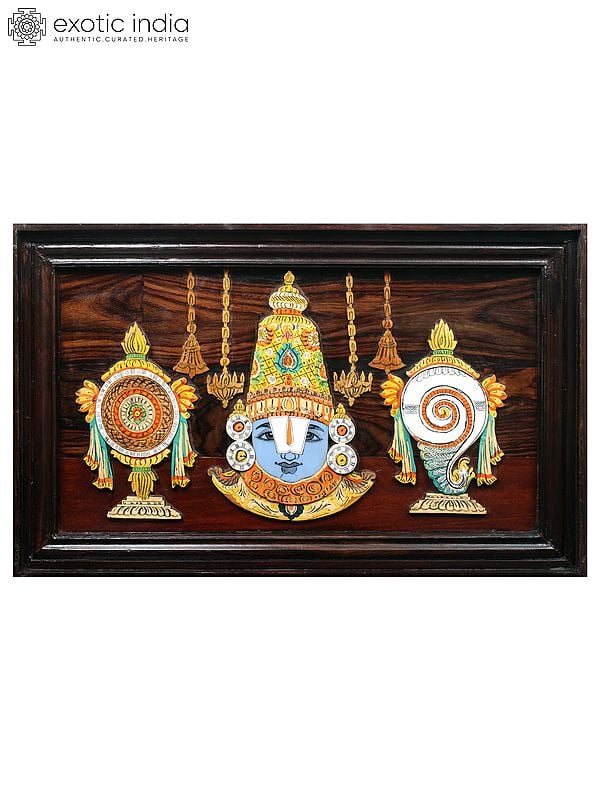 exotic india 30" Tirupati Balaji With Vaishnava Symbols | Natural Color On Wood Panel With Inlay Work 