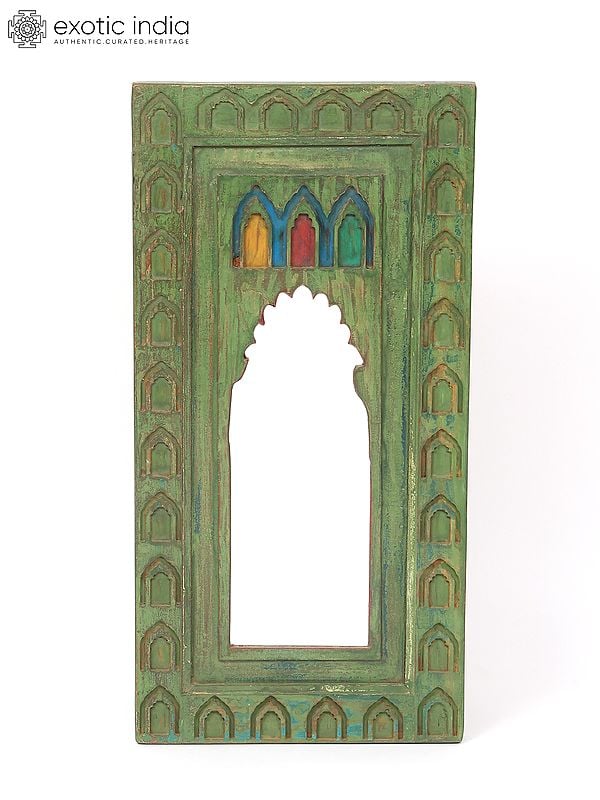 exotic india 30" Wooden Jharokha (Window) Design Mirror | Wall Hanging 