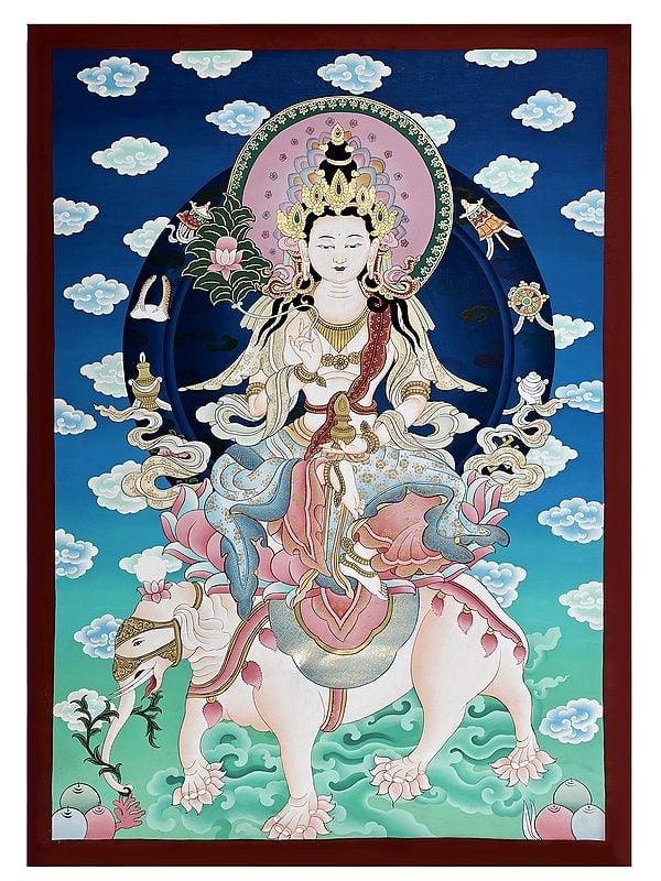 exotic india 30" x 21" Samantabhadra Mantra | Brocadeless Thangka | Handmade 