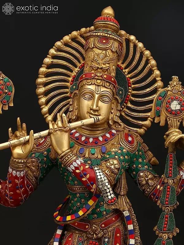 Exotic India 31" Large Four Armed Fluting Lord Krishna | Brass Statue With Inaly Work 