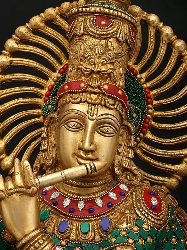 Exotic India 31" Large Four Armed Fluting Lord Krishna | Brass Statue With Inaly Work 