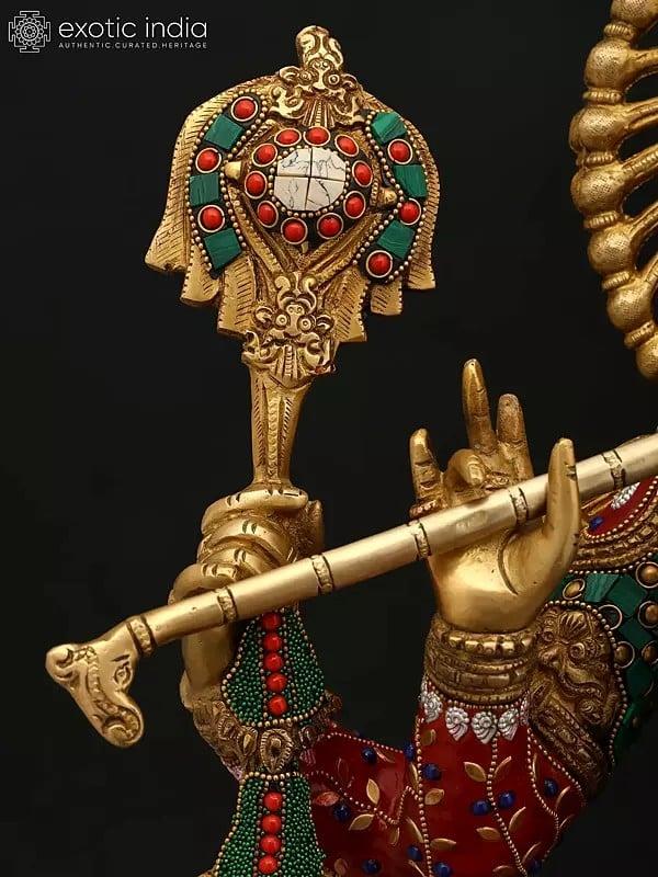 Exotic India 31" Large Four Armed Fluting Lord Krishna | Brass Statue With Inaly Work 