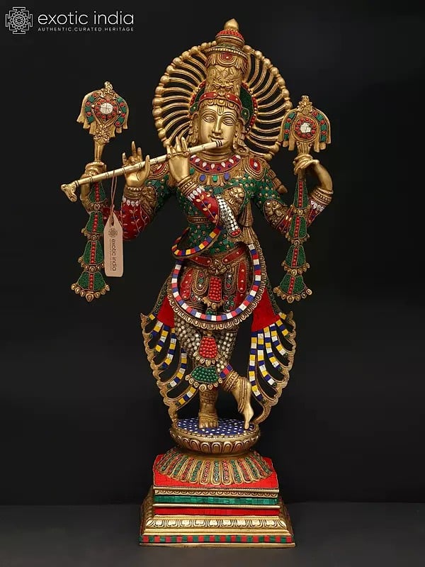 exotic india 31" Large Four Armed Fluting Lord Krishna | Brass Statue with Inaly Work 