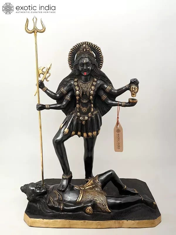 exotic india 31" Large Goddess Kali Idol Standing on Lord Shiva | Brass Statue 