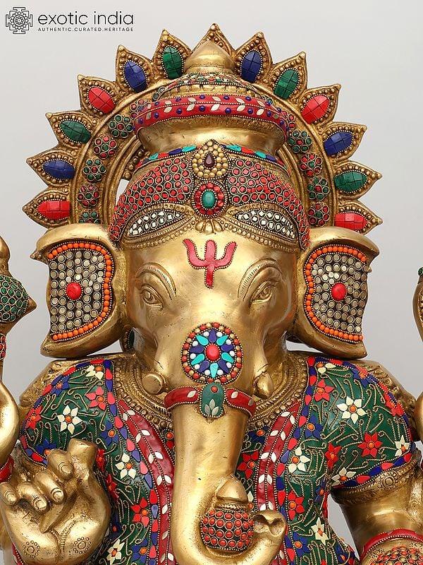 Exotic India 31" Large Sitting Chaturbhuja Lord Ganesha | Brass Statue With Inlay Work 