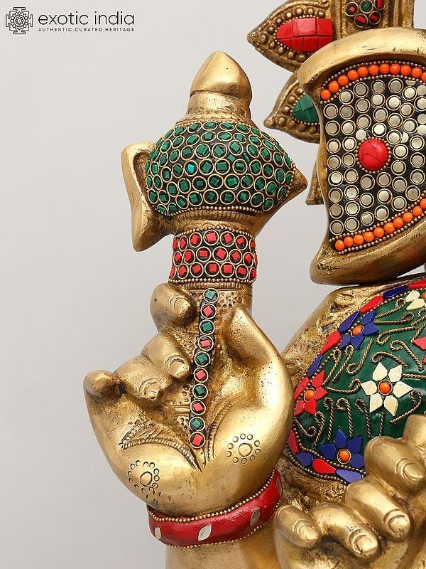Exotic India 31" Large Sitting Chaturbhuja Lord Ganesha | Brass Statue With Inlay Work 
