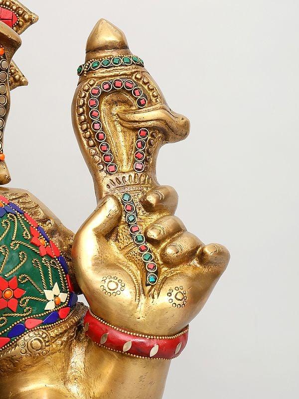 Exotic India 31" Large Sitting Chaturbhuja Lord Ganesha | Brass Statue With Inlay Work 