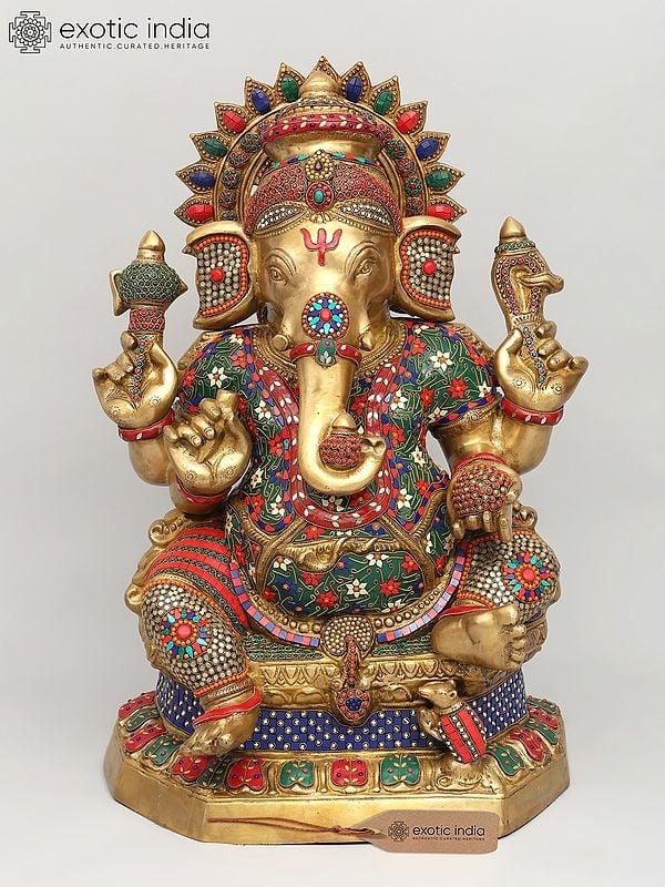 exotic india 31" Large Sitting Chaturbhuja Lord Ganesha | Brass Statue with Inlay Work 