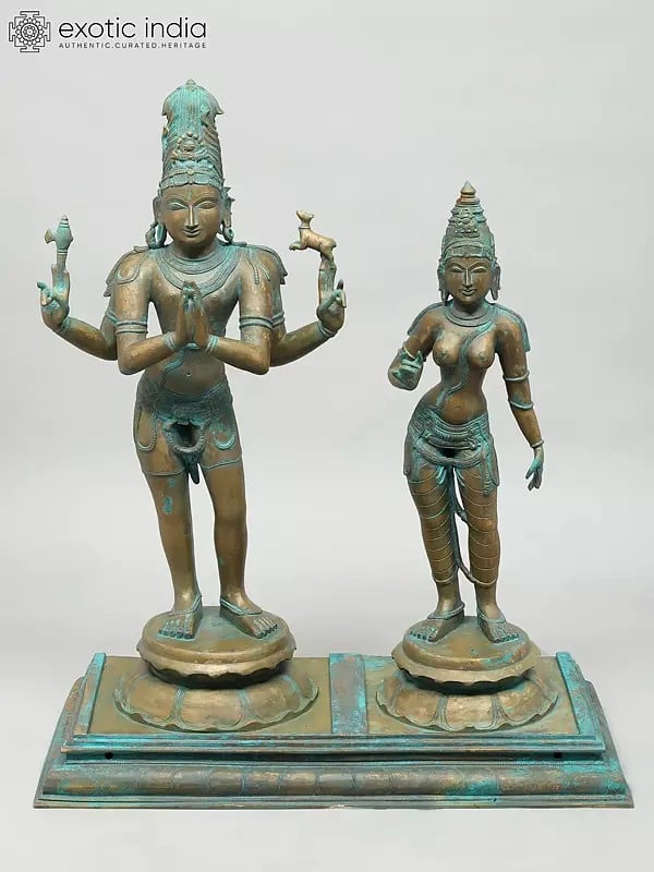 exotic india 31" Large Standing Lord Shiva as Pashupatinath with Goddess Parvati | Madhuchista Vidhana (Lost-Wax) | Panchaloha Bronze from Swamimalai 