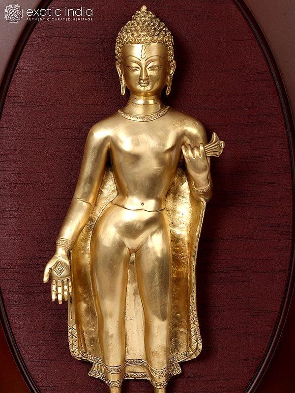 Exotic India 31" Standing Gautam Buddha In Brass | Wooden Wall Hanging Frame 