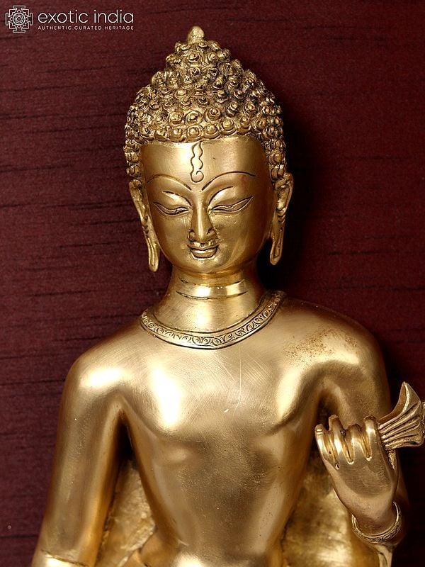 Exotic India 31" Standing Gautam Buddha In Brass | Wooden Wall Hanging Frame 