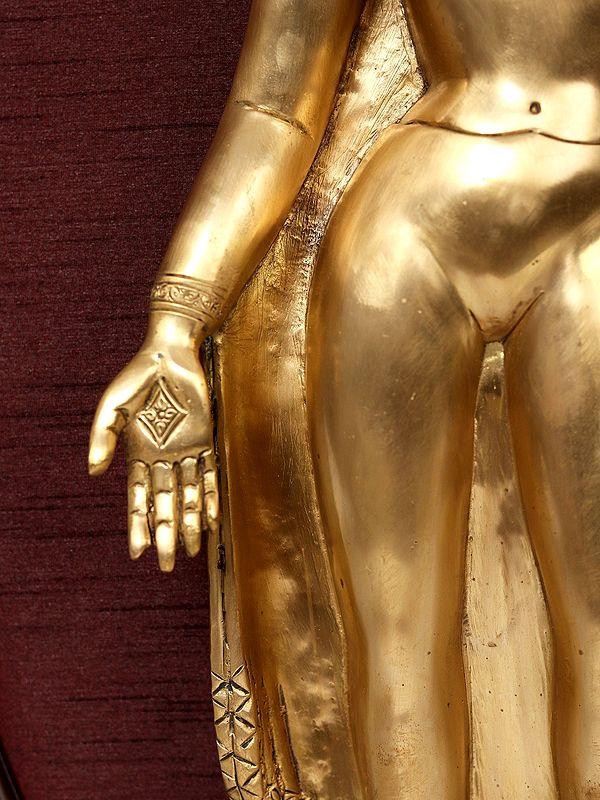 Exotic India 31" Standing Gautam Buddha In Brass | Wooden Wall Hanging Frame 