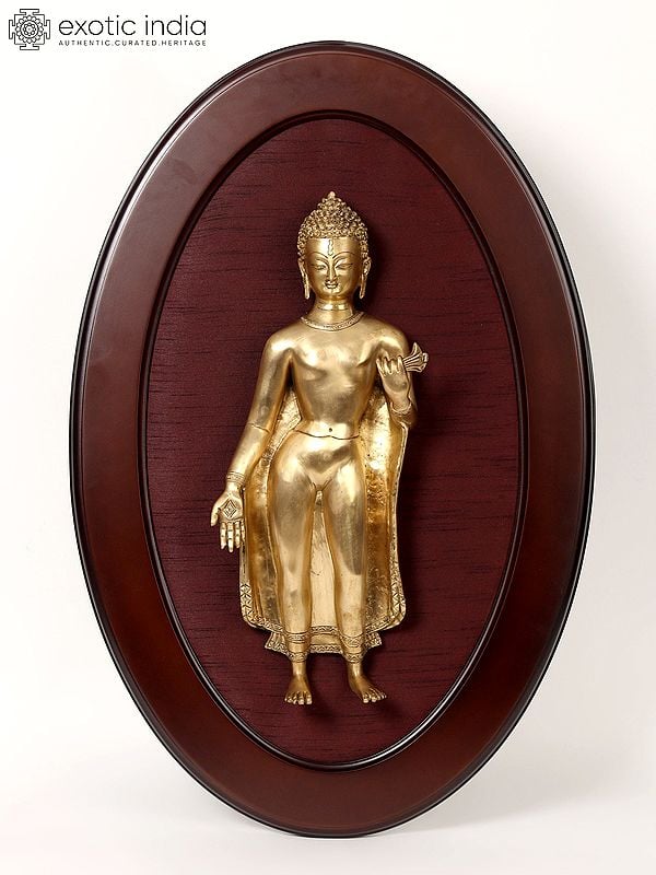 exotic india 31" Standing Gautam Buddha in Brass | Wooden Wall Hanging Frame 