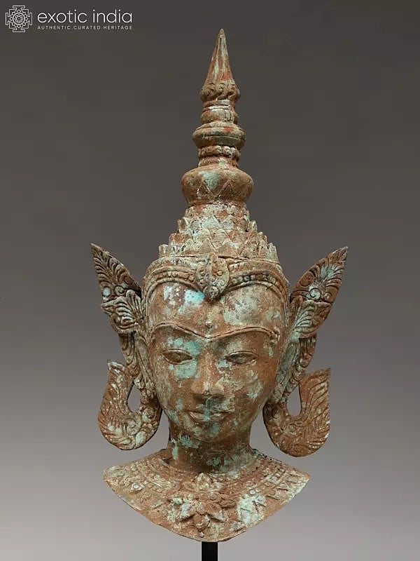Exotic India 31" Thai Buddha Head On Wood Base | Balinese Brass Statue 