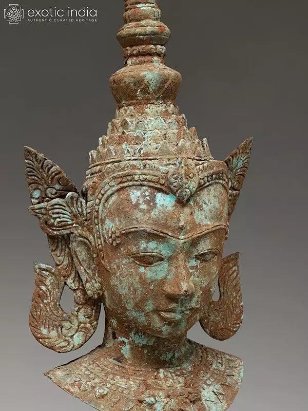 Exotic India 31" Thai Buddha Head On Wood Base | Balinese Brass Statue 