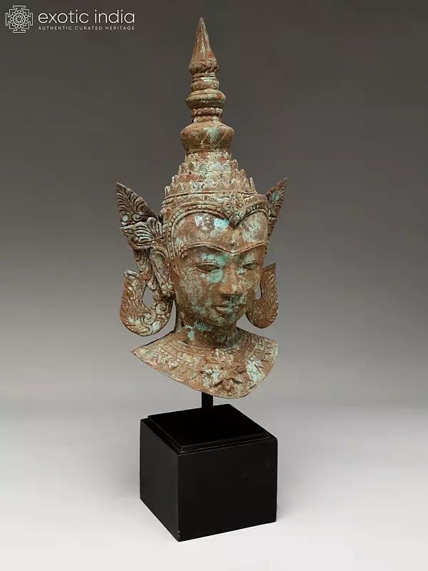 Exotic India 31" Thai Buddha Head On Wood Base | Balinese Brass Statue 