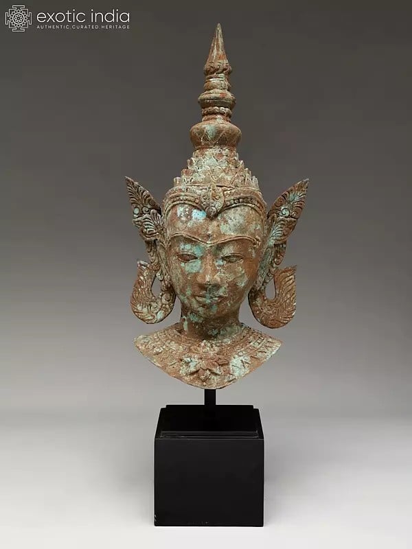 exotic india 31" Thai Buddha Head on Wood Base | Balinese Brass Statue 