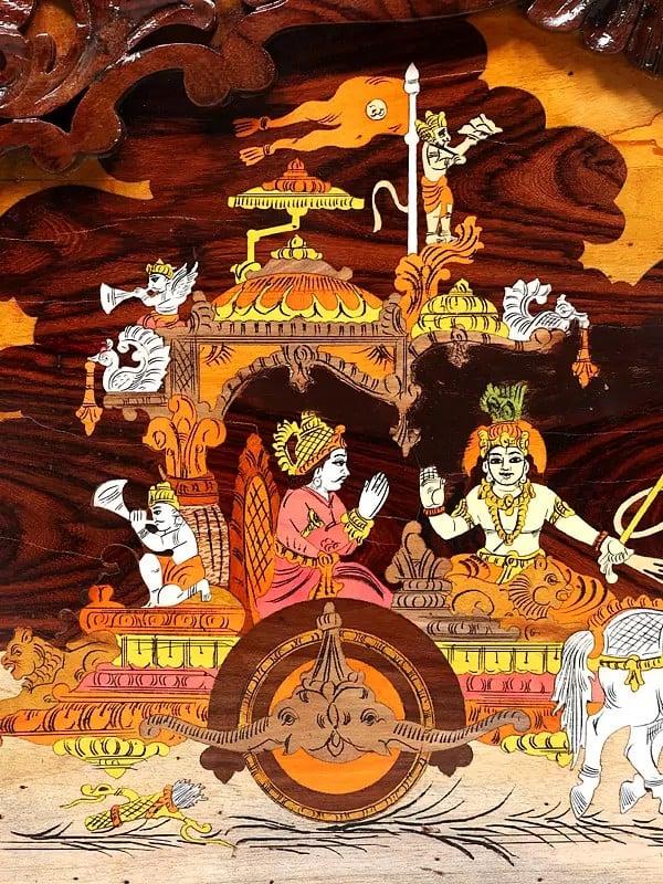 Exotic India 31" The Mahabharat View - Lord Krishna | Natural Color On Wood Panel With Inlay Work 