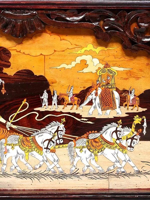 Exotic India 31" The Mahabharat View - Lord Krishna | Natural Color On Wood Panel With Inlay Work 