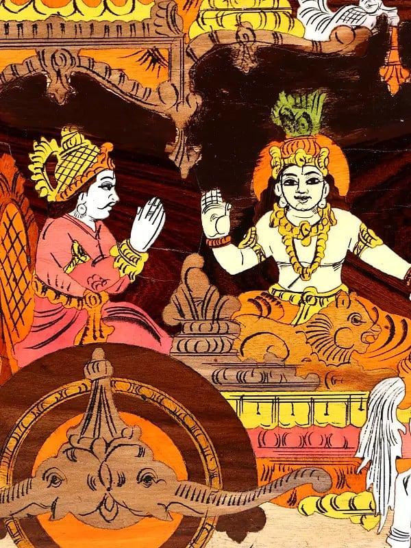 Exotic India 31" The Mahabharat View - Lord Krishna | Natural Color On Wood Panel With Inlay Work 