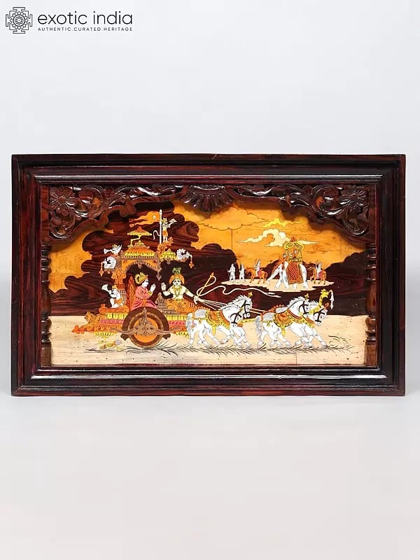 exotic india 31" The Mahabharat View - Lord Krishna | Natural Color On Wood Panel With Inlay Work 