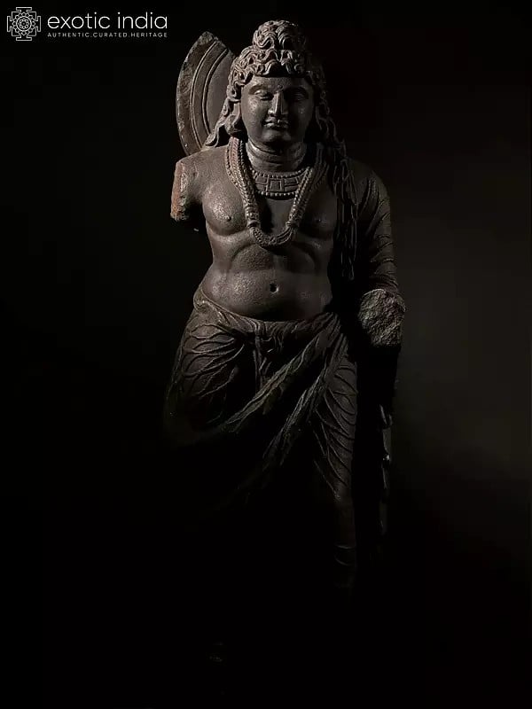 exotic india 32" Gandhara Buddha Idol Stone Sculpture 