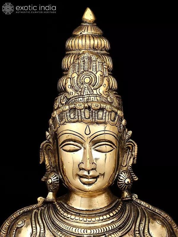 Exotic India 32" Large Four Armed Goddess Lakshmi Seated On Throne | Brass Statue | Made In India 