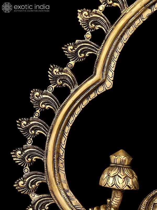 Exotic India 32" Large Four Armed Goddess Lakshmi Seated On Throne | Brass Statue | Made In India 