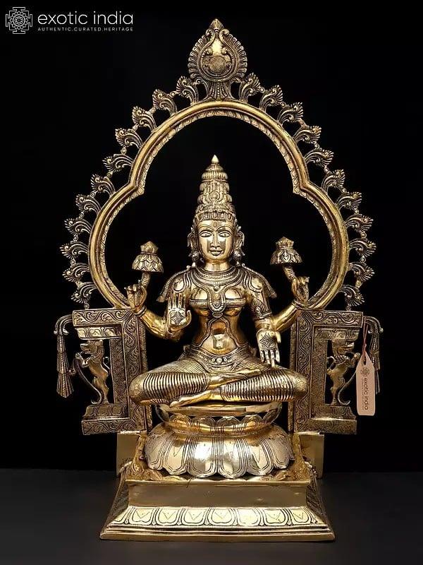 exotic india 32" Large Four Armed Goddess Lakshmi Seated on Throne | Brass Statue | Made In India 