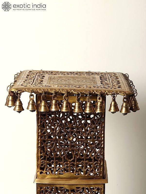 Exotic India 32" Large Square Shape Brass Pedestal With Dangling Bells 