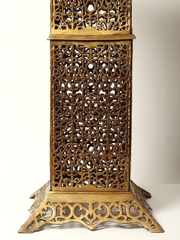 Exotic India 32" Large Square Shape Brass Pedestal With Dangling Bells 