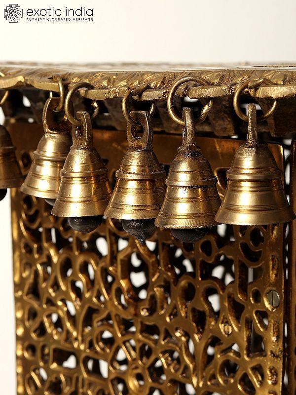 Exotic India 32" Large Square Shape Brass Pedestal With Dangling Bells 