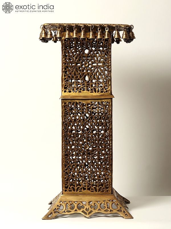 exotic india 32" Large Square Shape Brass Pedestal with Dangling Bells 