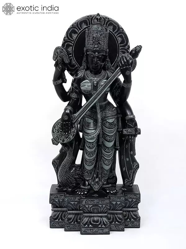 exotic india 32" Large Standing Goddess Saraswati Playing Veena | Sand Stone Statue from the land of Lord Jagannath Orissa 