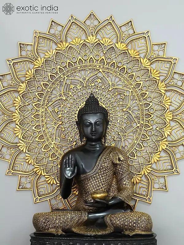 Exotic India 33" Large Blessing Lord Buddha With Mandala Backdrop | Brass Statue 